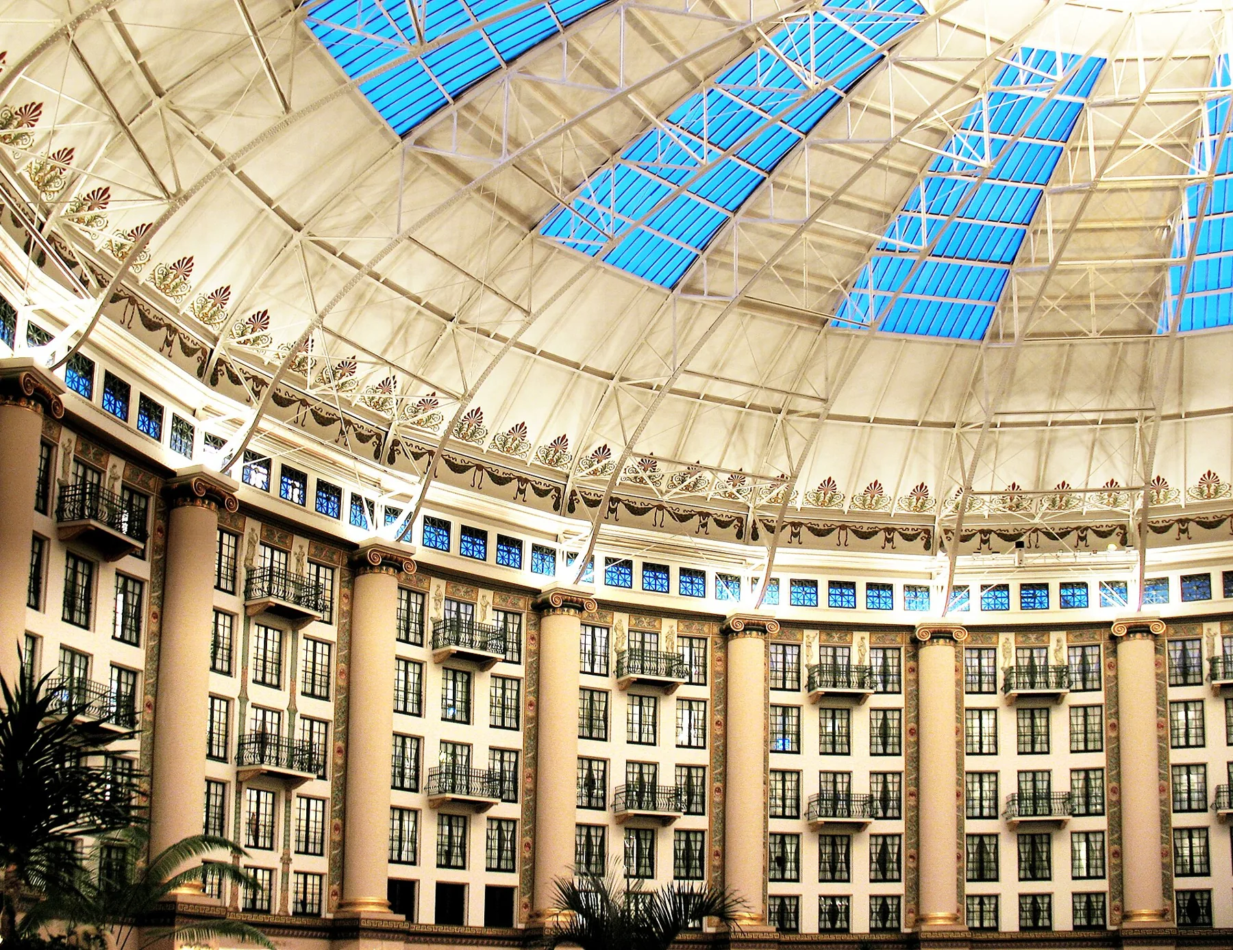 Daylight pours through the broad domed roof over the circular West Baden Springs Hotel atrium