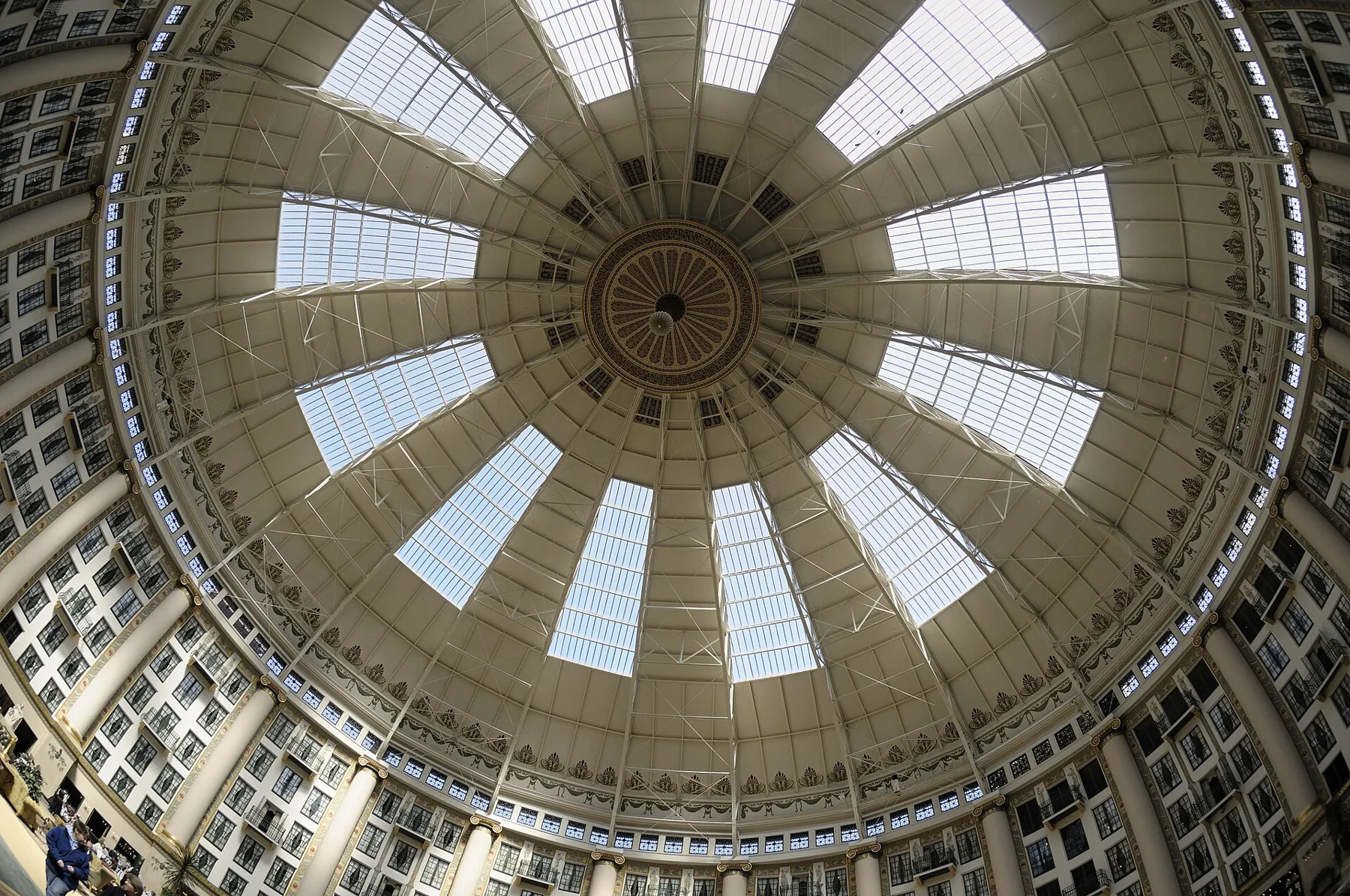 Looking straight up into the radial ribs and skylights of West Baden's domed atrium